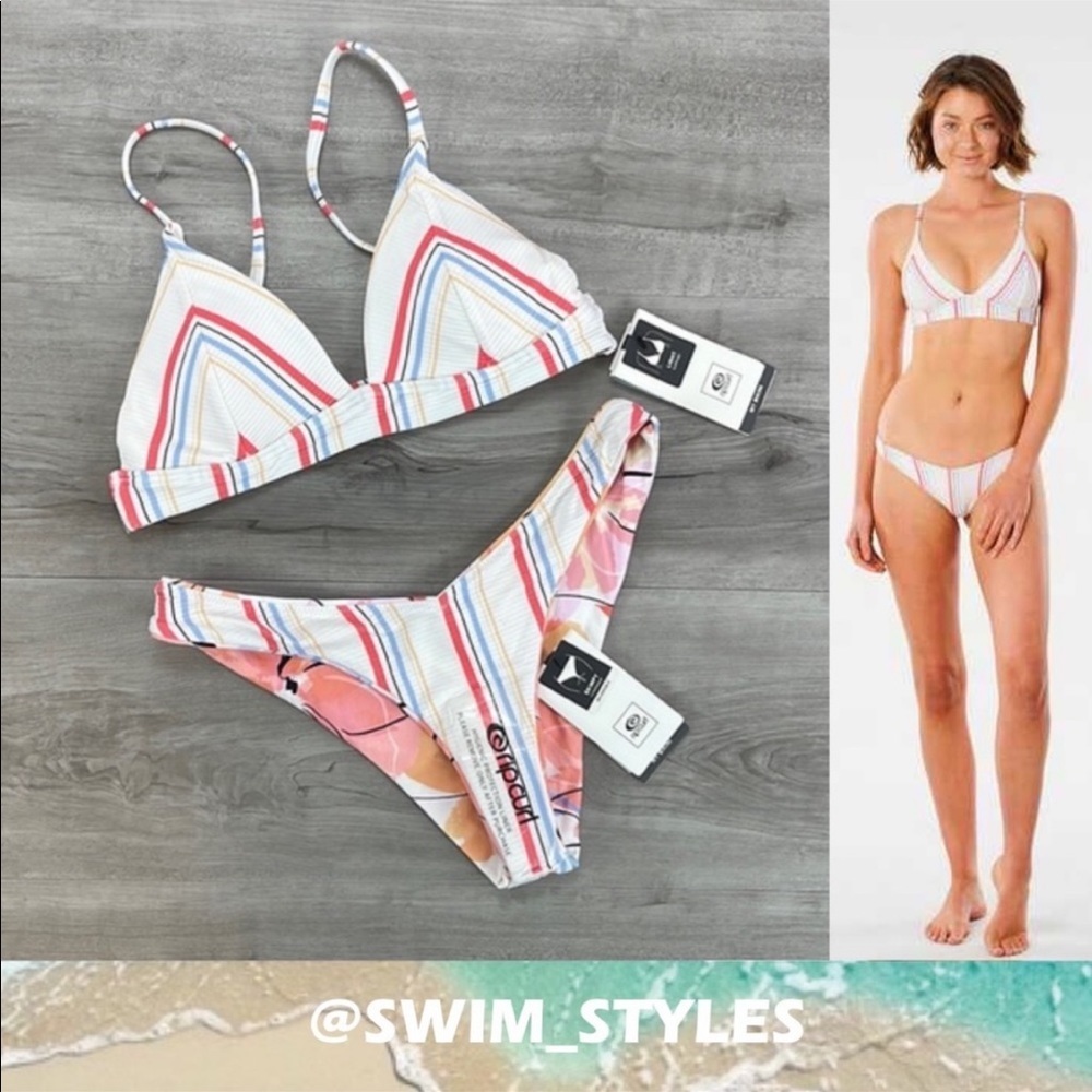 ☀️RIP CURL☀️ BLOSSOM STRIPE TRI TOP BLOSSOM HI LEG REVERSIBLE BIKINI SET